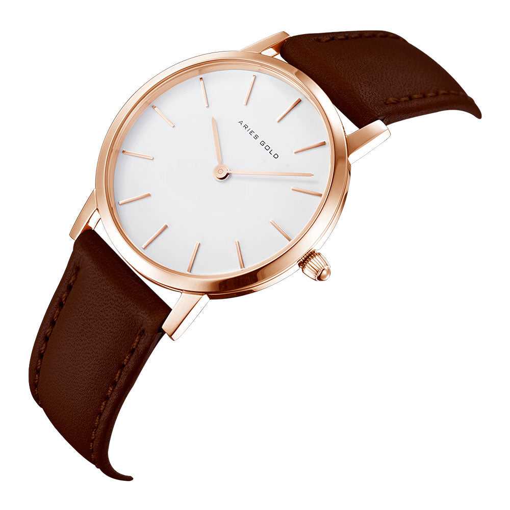 ARIES GOLD URBAN SANTOS ROSE GOLD STAINLESS STEEL L 1023 RG-W BROWN LEATHER STRAP WOMEN'S WATCH - H2 Hub Watches