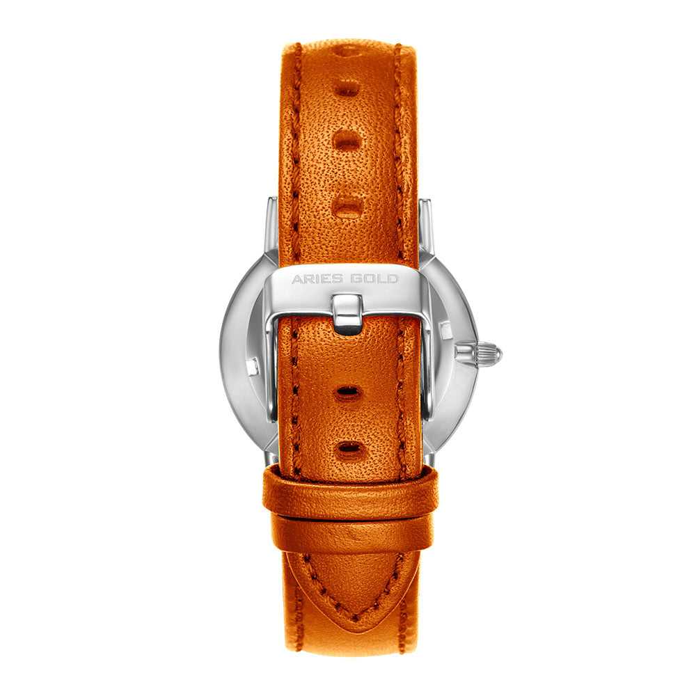 ARIES GOLD URBAN SANTOS SILVER STAINLESS STEEL L 1023 S-W BROWN LEATHER STRAP WOMEN'S WATCH - H2 Hub Watches
