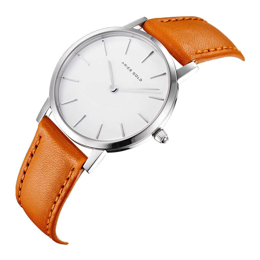 ARIES GOLD URBAN SANTOS SILVER STAINLESS STEEL L 1023 S-W BROWN LEATHER STRAP WOMEN'S WATCH - H2 Hub Watches