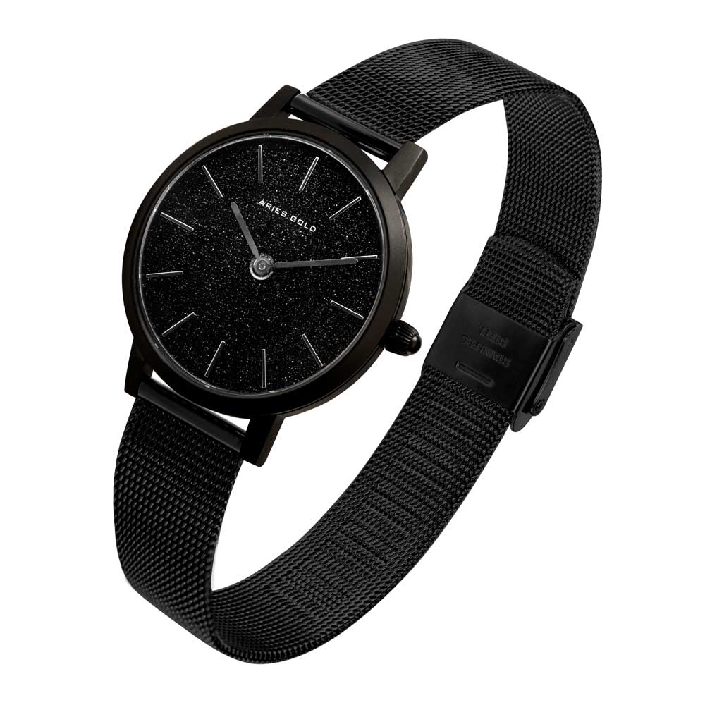 ARIES GOLD COSMO BLACK STAINLESS STEEL L 1024 BK-BK MESH STRAP WOMEN'S WATCH - H2 Hub Watches