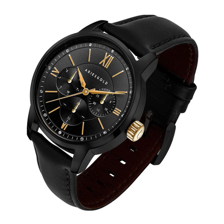 ARIES GOLD URBAN ETERNAL BLACK STAINLESS STEEL L 1028 BKG-BKG BLACK LEATHER STRAP WOMEN'S WATCH - H2 Hub Watches