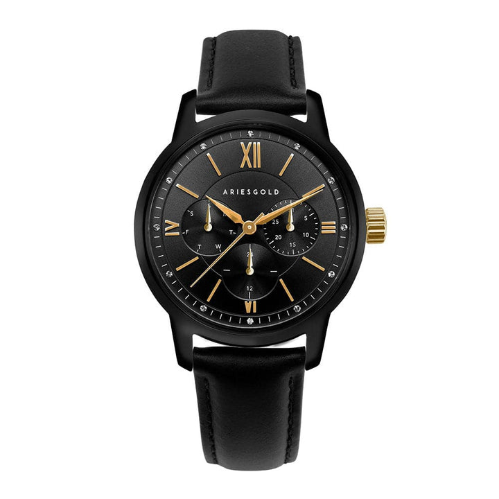 ARIES GOLD URBAN ETERNAL BLACK STAINLESS STEEL L 1028 BKG-BKG BLACK LEATHER STRAP WOMEN'S WATCH - H2 Hub Watches