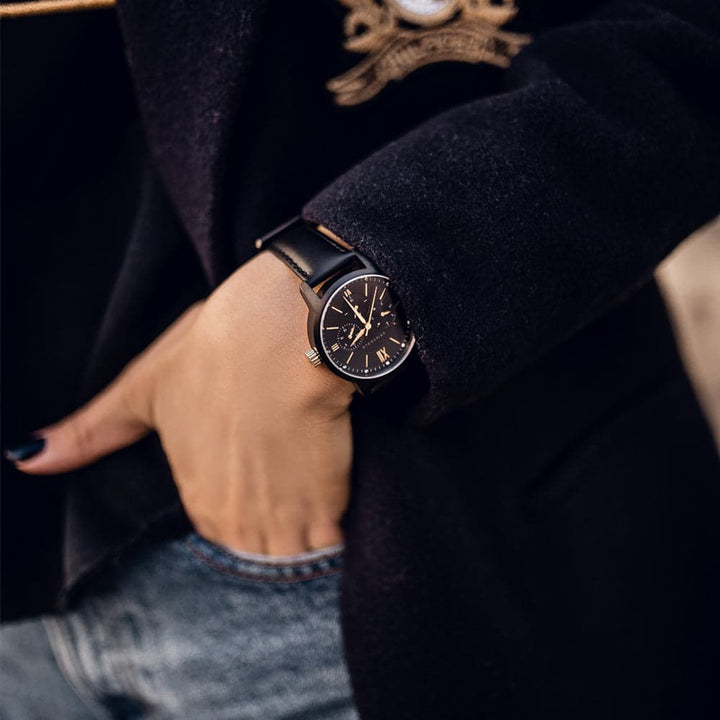ARIES GOLD URBAN ETERNAL BLACK STAINLESS STEEL L 1028 BKG-BKG BLACK LEATHER STRAP WOMEN'S WATCH - H2 Hub Watches