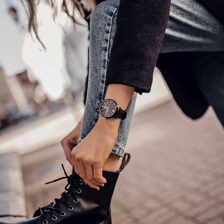 ARIES GOLD URBAN ETERNAL BLACK STAINLESS STEEL L 1028 BKG-BKG BLACK LEATHER STRAP WOMEN'S WATCH - H2 Hub Watches