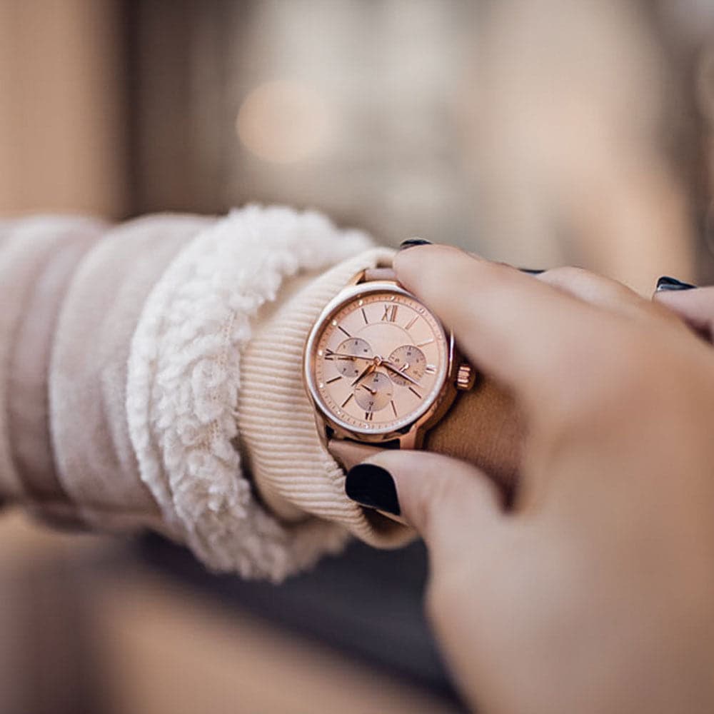 ARIES GOLD URBAN ETERNAL ROSE GOLD STAINLESS STEEL L 1028 RG-BEI DUSTY PINK LEATHER STRAP WOMEN'S WATCH - H2 Hub Watches