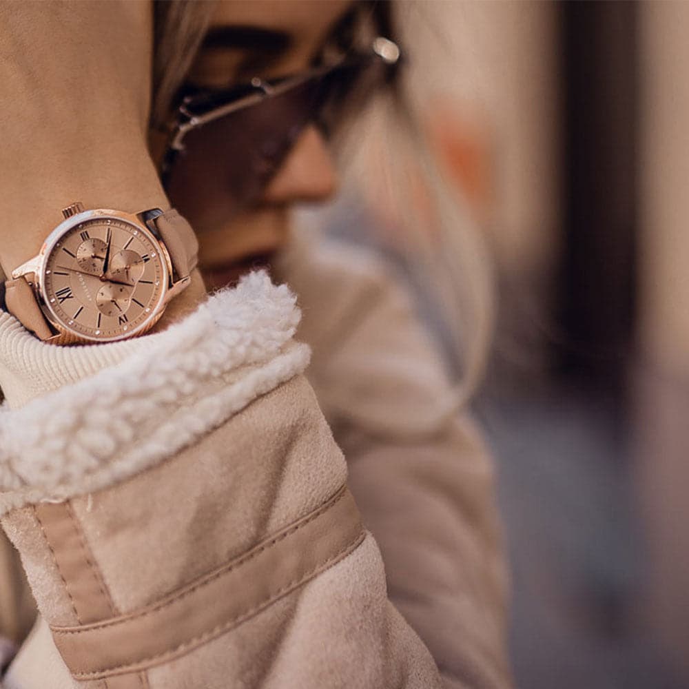 ARIES GOLD URBAN ETERNAL ROSE GOLD STAINLESS STEEL L 1028 RG-BEI DUSTY PINK LEATHER STRAP WOMEN'S WATCH - H2 Hub Watches