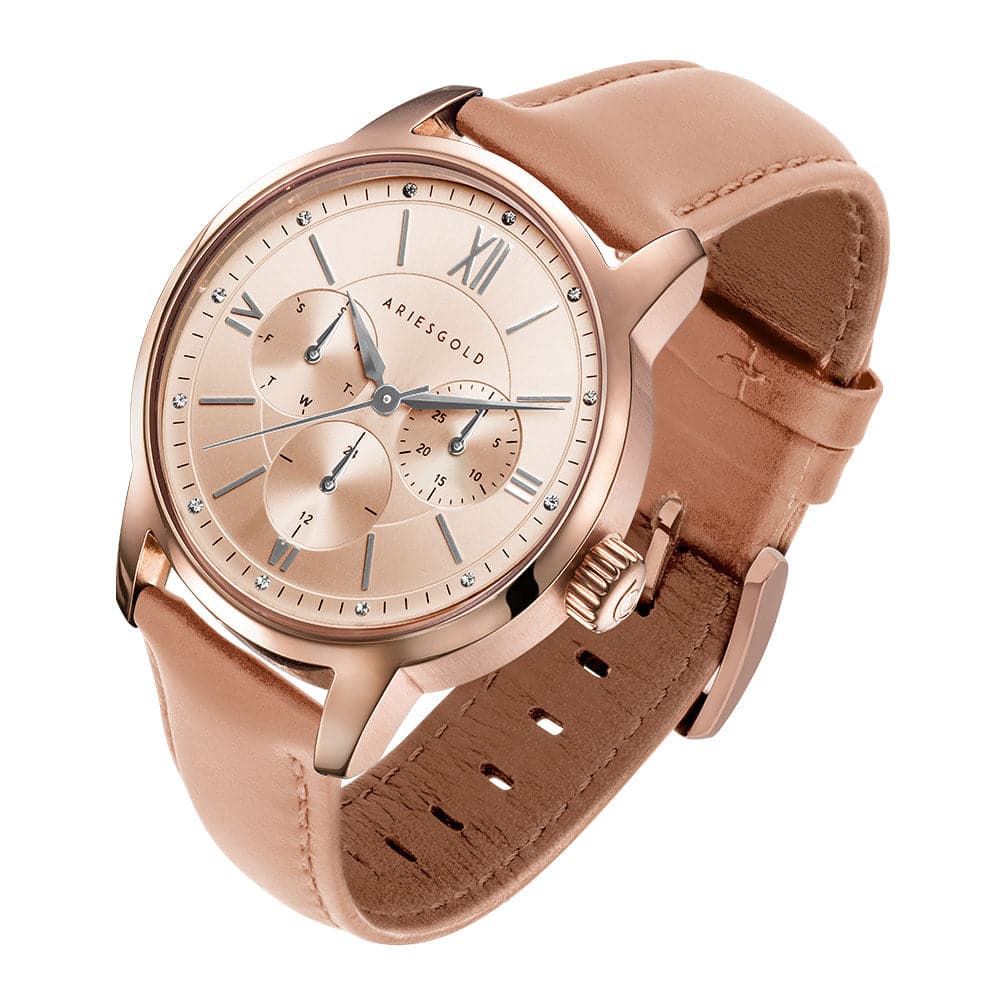 ARIES GOLD URBAN ETERNAL ROSE GOLD STAINLESS STEEL L 1028 RG-BEI DUSTY PINK LEATHER STRAP WOMEN'S WATCH - H2 Hub Watches