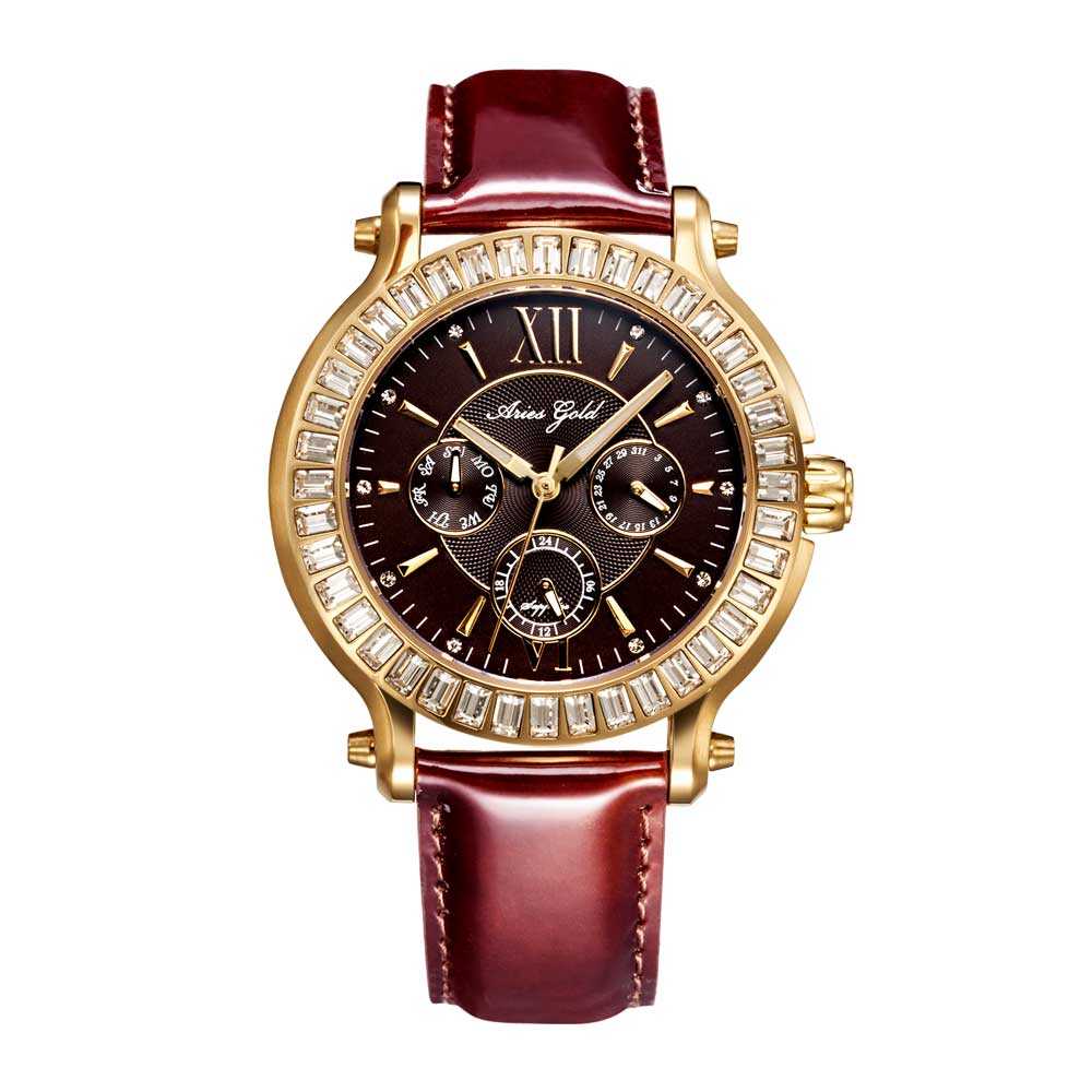 ARIES GOLD ENCHANT ROSA GOLD STAINLESS STEEL L 1159 G-BR BROWN LEATHER STRAP WOMEN'S WATCH - H2 Hub Watches