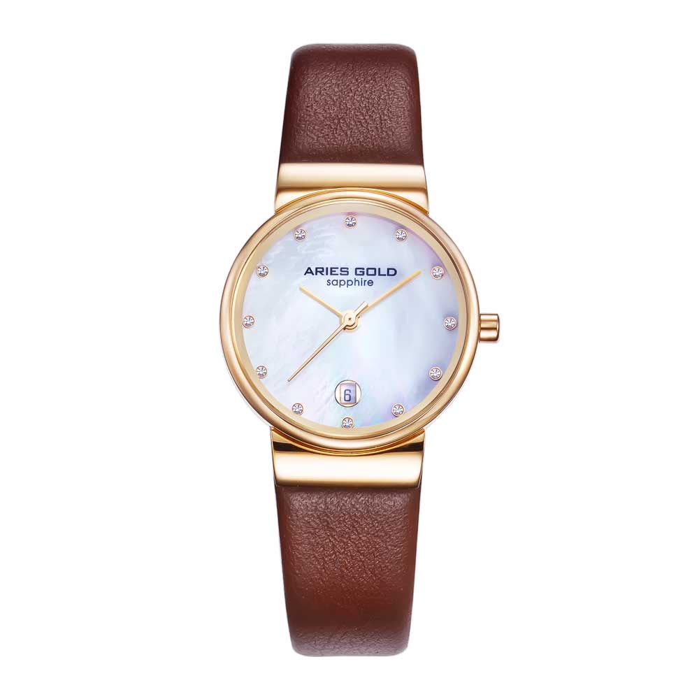 ARIES GOLD ENCHANT CAMILLE GOLD STAINLESS STEEL L 5002 G-MOP-L BROWN LEATHER STRAP WOMEN'S WATCH - H2 Hub Watches