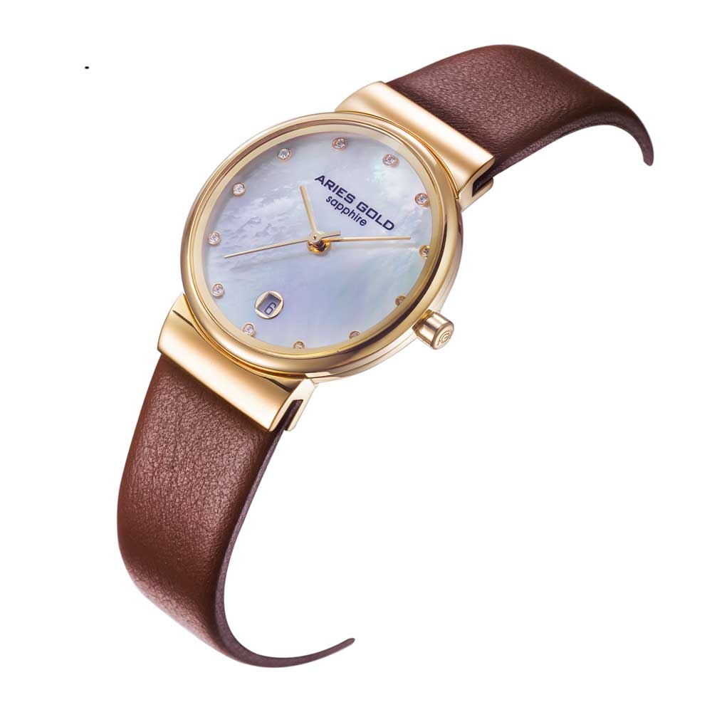 ARIES GOLD ENCHANT CAMILLE GOLD STAINLESS STEEL L 5002 G-MOP-L BROWN LEATHER STRAP WOMEN'S WATCH - H2 Hub Watches