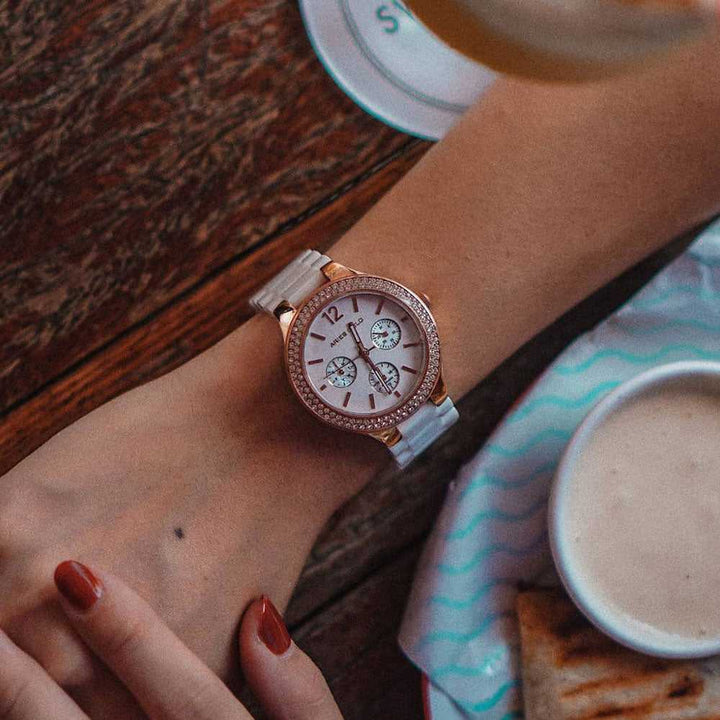 ARIES GOLD ENCHANT CONQUERESS ROSE GOLD STAINLESS STEEL L 5004Z RG-W WHITE CERAMIC STRAP WOMEN'S WATCH - H2 Hub Watches