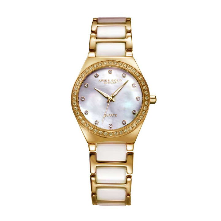 ARIES GOLD ENCHANT DIVA GOLD STAINLESS STEEL L 5014Z G-MOP WHITE CERAMIC WOMEN'S WATCH - H2 Hub Watches