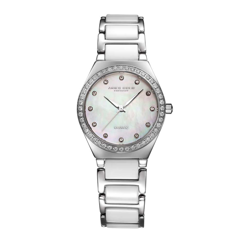 ARIES GOLD ENCHANT SILVER STAINLESS STEEL L 5014Z S-MOP WHITE CERAMIC WOMEN'S WATCH - H2 Hub Watches