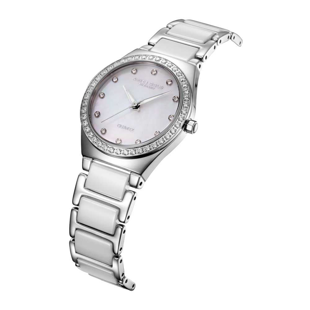 ARIES GOLD ENCHANT SILVER STAINLESS STEEL L 5014Z S-MOP WHITE CERAMIC WOMEN'S WATCH - H2 Hub Watches