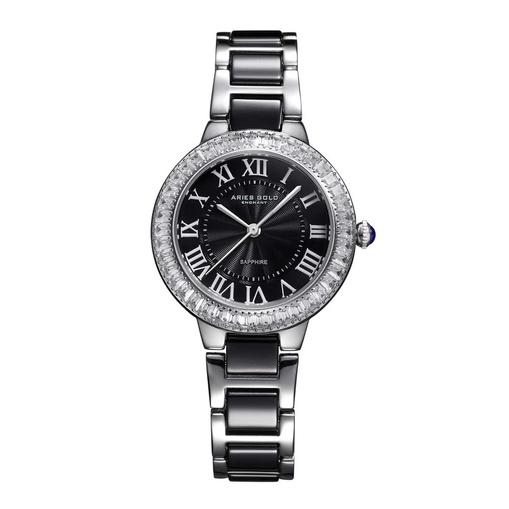 ARIES GOLD ENCHANT CAPELLA SILVER STAINLESS STEEL L 5015Z S-BK BLACK CERAMIC WOMEN'S WATCH - H2 Hub Watches