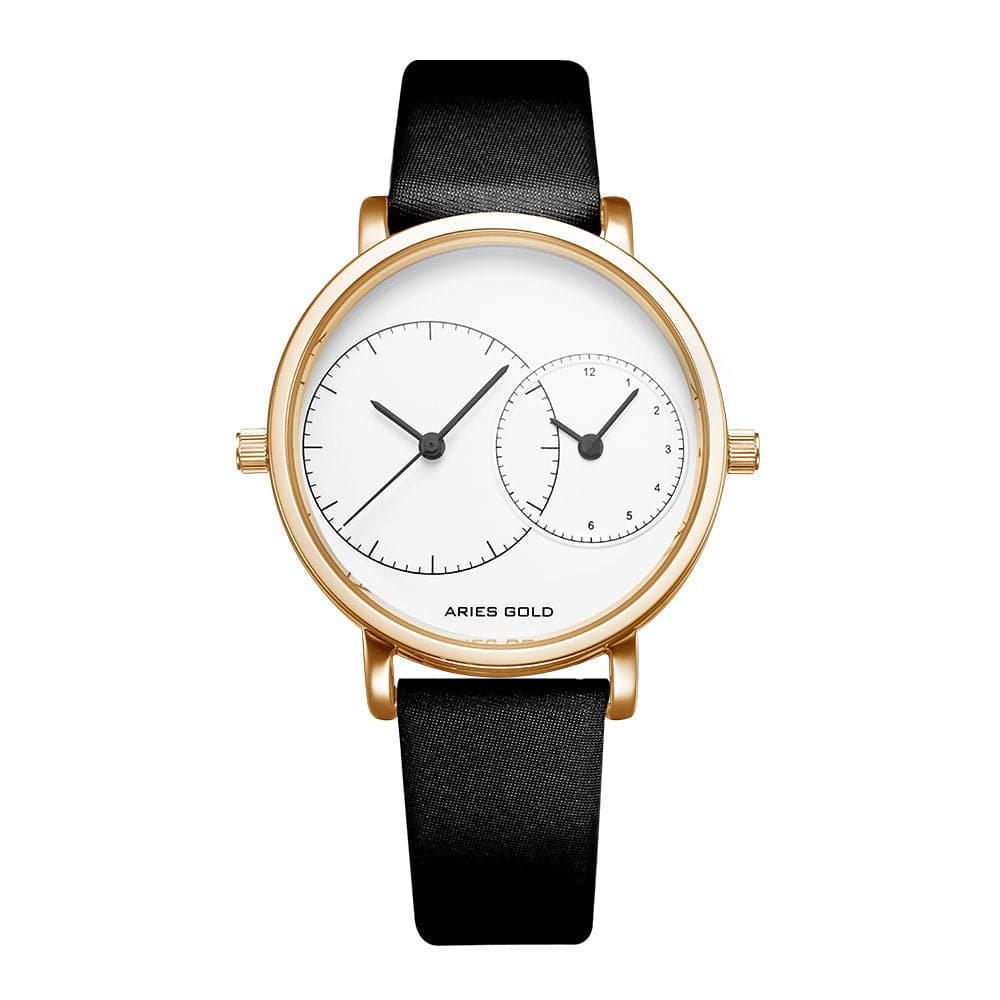ARIES GOLD WANDERER GOLD STAINLESS STEEL L 5027 G-W BLACK LEATHER STRAP WOMEN'S WATCH - H2 Hub Watches