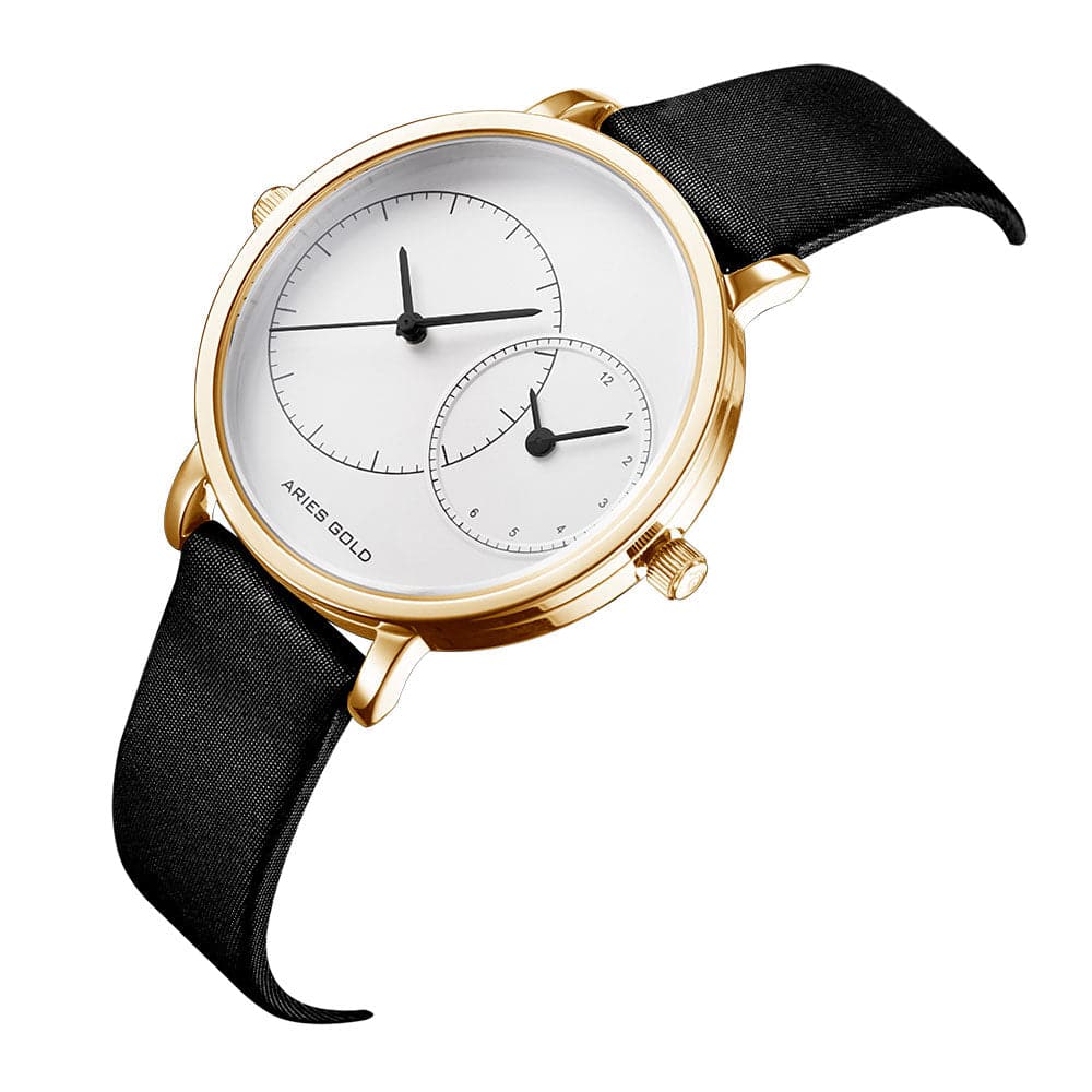 ARIES GOLD WANDERER GOLD STAINLESS STEEL L 5027 G-W BLACK LEATHER STRAP WOMEN'S WATCH - H2 Hub Watches