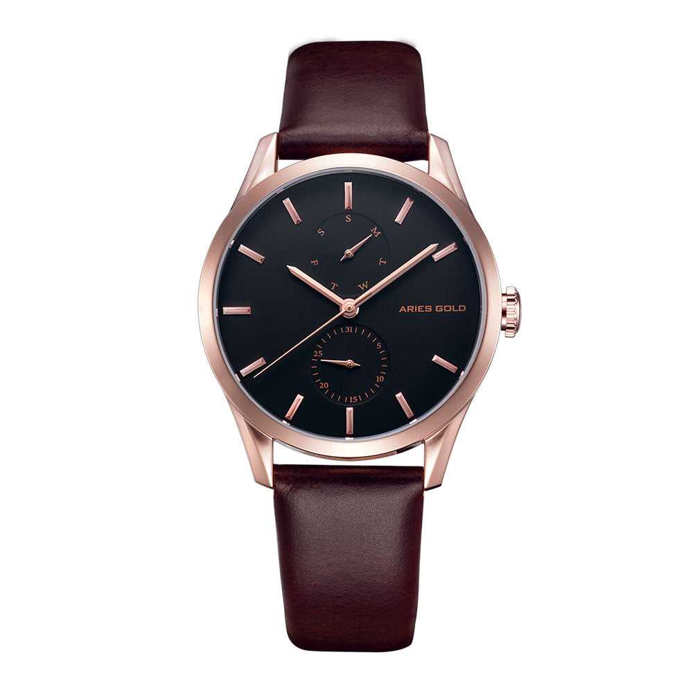 ARIES GOLD ENCHANT LIBERTY ROSE GOLD STAINLESS STEEL L 5031 RG-BK-L BROWN LEATHER STRAP WOMEN'S WATCH - H2 Hub Watches