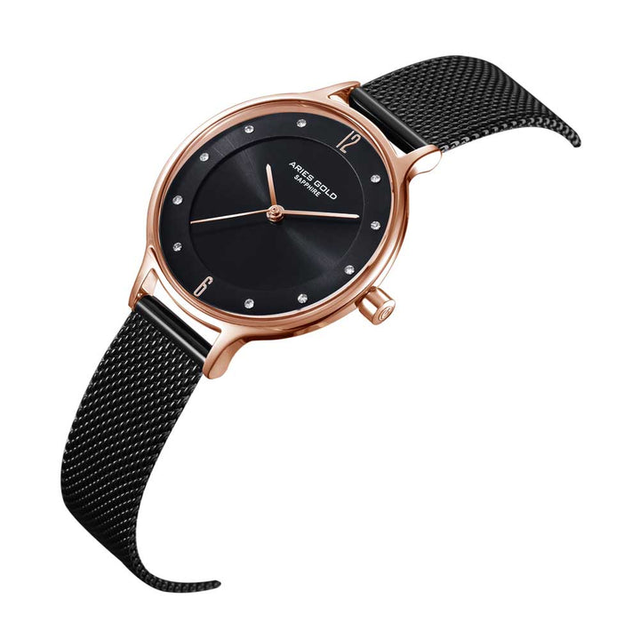 ARIES GOLD ENCHANT ROSE GOLD STAINLESS STEEL L 5033Z RG-BK MESH STRAP WOMEN'S WATCH - H2 Hub Watches