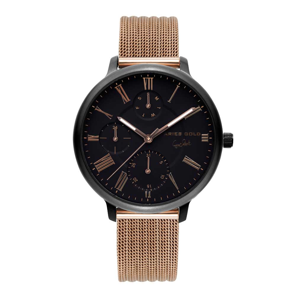 ARIES GOLD VOYAGE BLACK STAINLESS STEEL L 5034 BK-BK ROSE GOLD MESH STRAP WOMEN'S WATCH - H2 Hub Watches