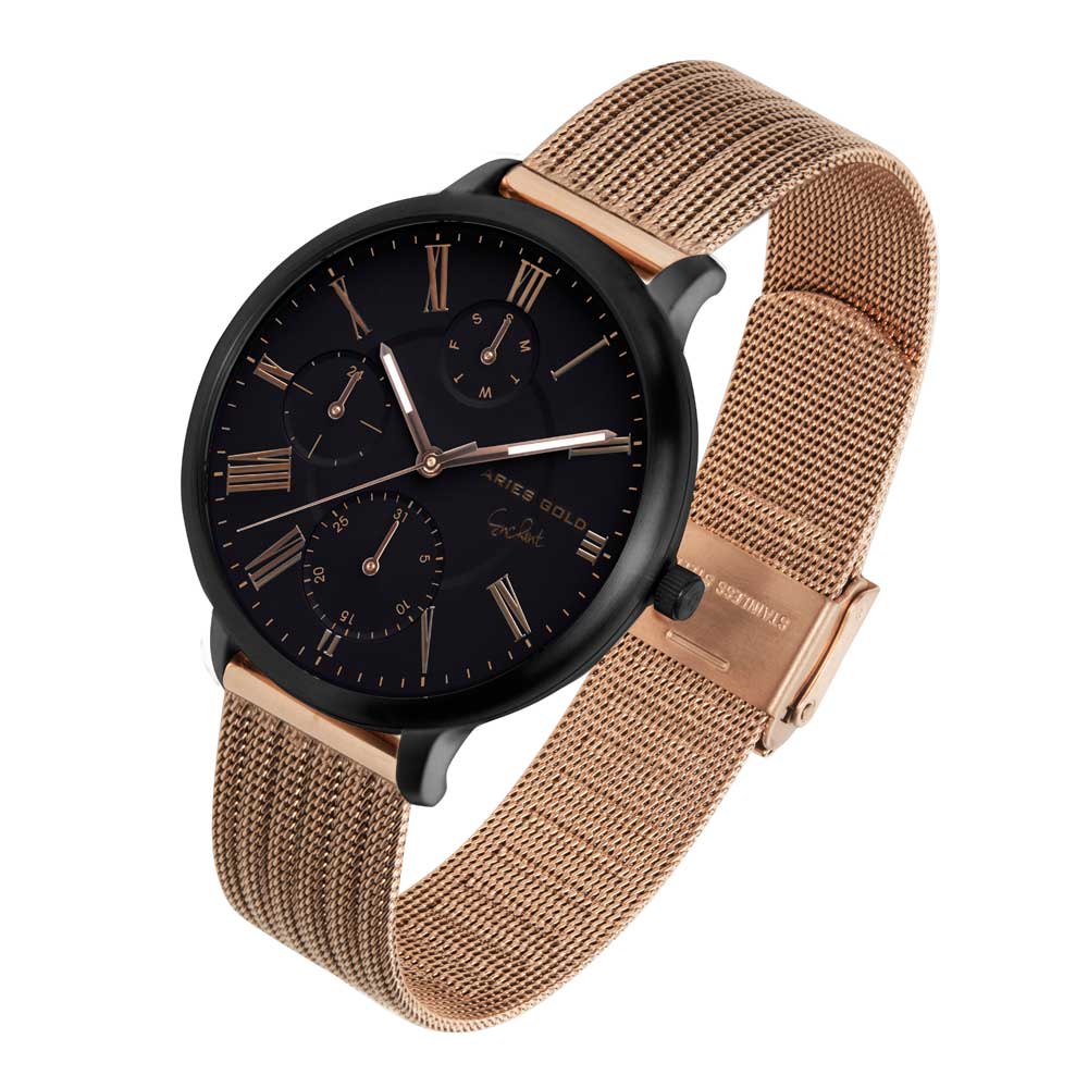 ARIES GOLD VOYAGE BLACK STAINLESS STEEL L 5034 BK-BK ROSE GOLD MESH STRAP WOMEN'S WATCH - H2 Hub Watches