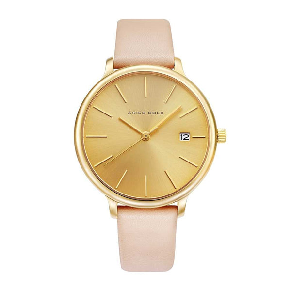 ARIES GOLD ENCHANT FLEUR GOLD STAINLESS STEEL L 5035 G-G LEATHER STRAP WOMEN'S WATCH