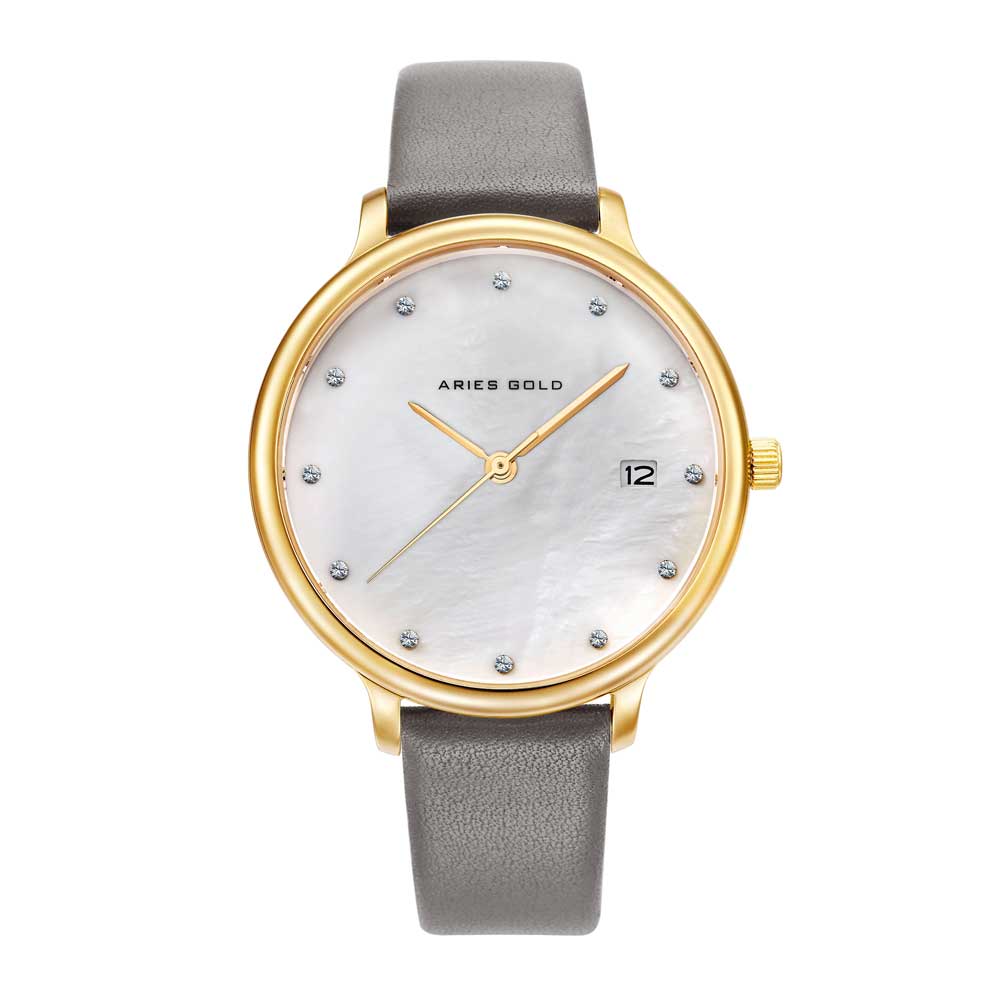 ARIES GOLD ENCHANT FLEUR GOLD STAINLESS STEEL L 5035 G-MP LEATHER STRAP WOMEN'S WATCH - H2 Hub Watches