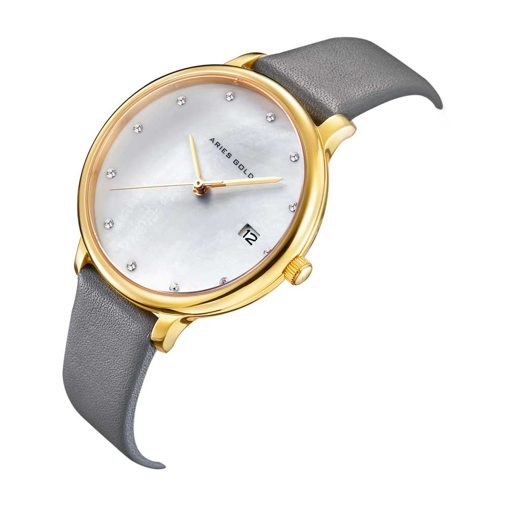 ARIES GOLD ENCHANT FLEUR GOLD STAINLESS STEEL L 5035 G-MP LEATHER STRAP WOMEN'S WATCH - H2 Hub Watches