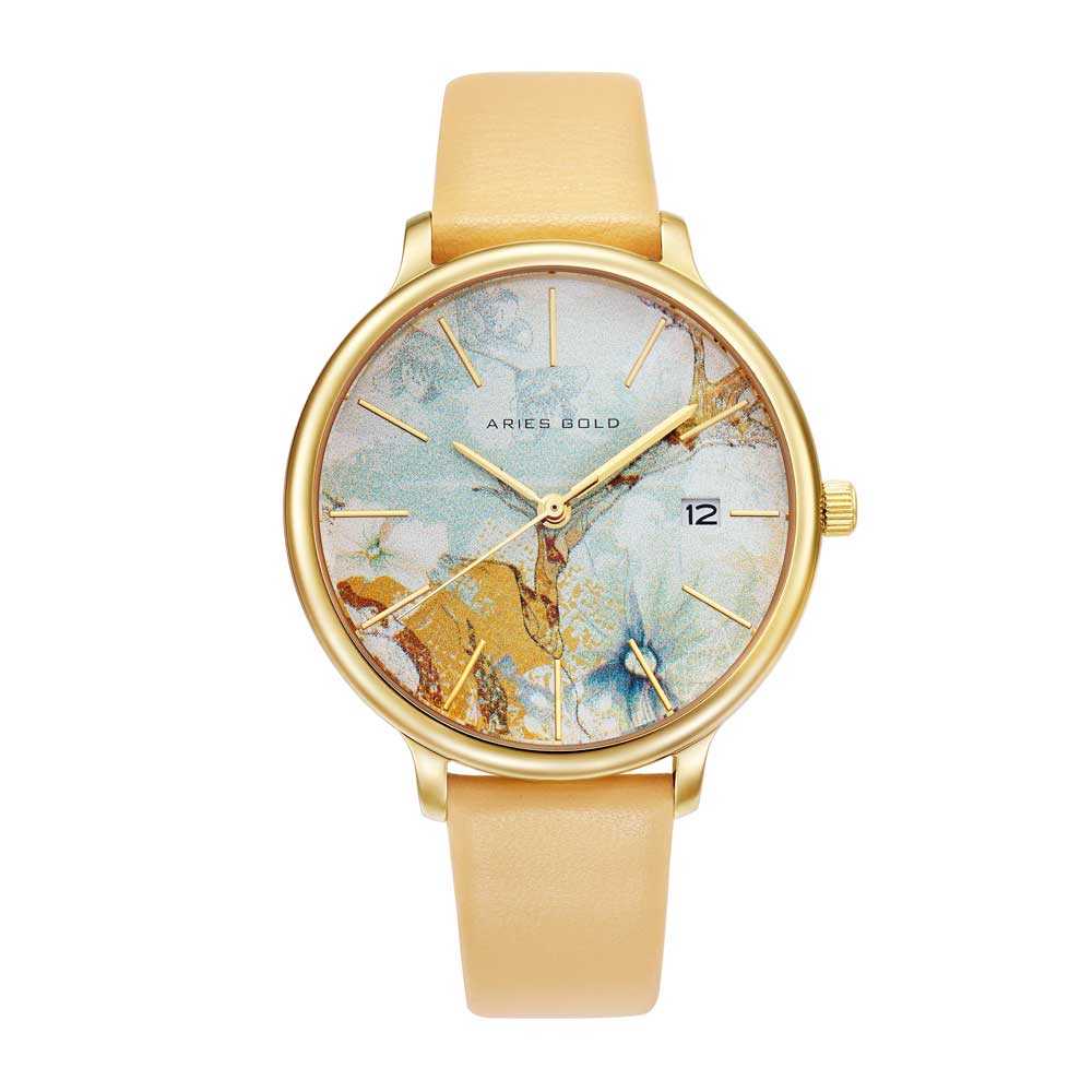 ARIES GOLD ENCHANT FLEUR GOLD STAINLESS STEEL L 5035 G-ORFL LEATHER STRAP WOMEN'S WATCH - H2 Hub Watches