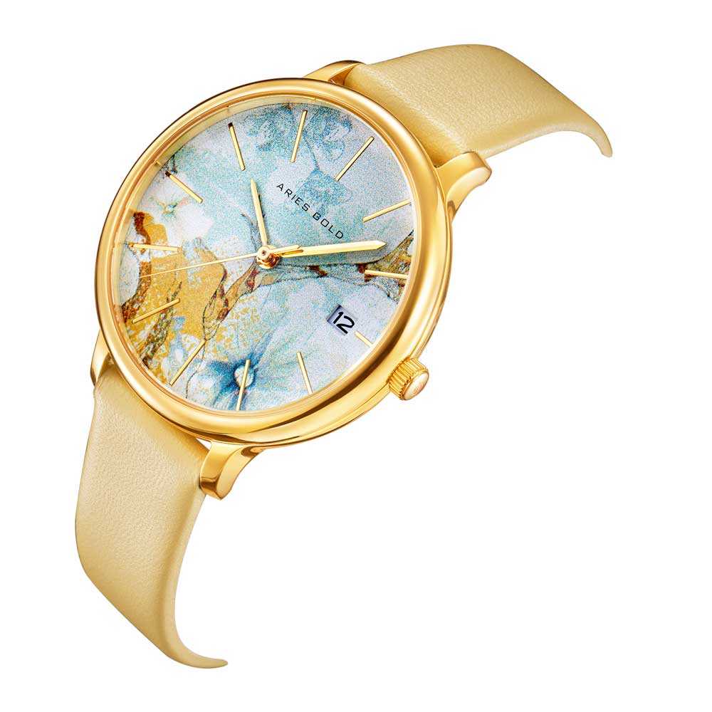 ARIES GOLD ENCHANT FLEUR GOLD STAINLESS STEEL L 5035 G-ORFL LEATHER STRAP WOMEN'S WATCH - H2 Hub Watches