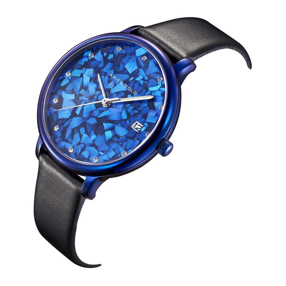 ARIES GOLD ENCHANT FLEUR BLUE L 5035 PUR-TL LEATHER STRAP WOMEN'S WATCH - H2 Hub Watches