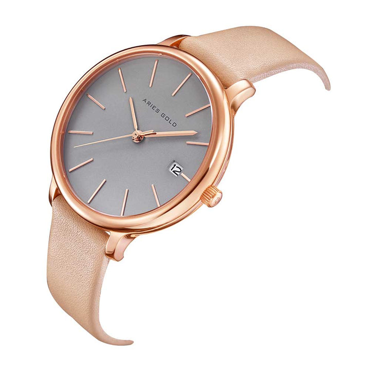 ARIES GOLD ENCHANT FLEUR ROSE GOLD STAINLESS STEEL L 5035 RG-GY LEATHER STRAP WOMEN'S WATCH - H2 Hub Watches