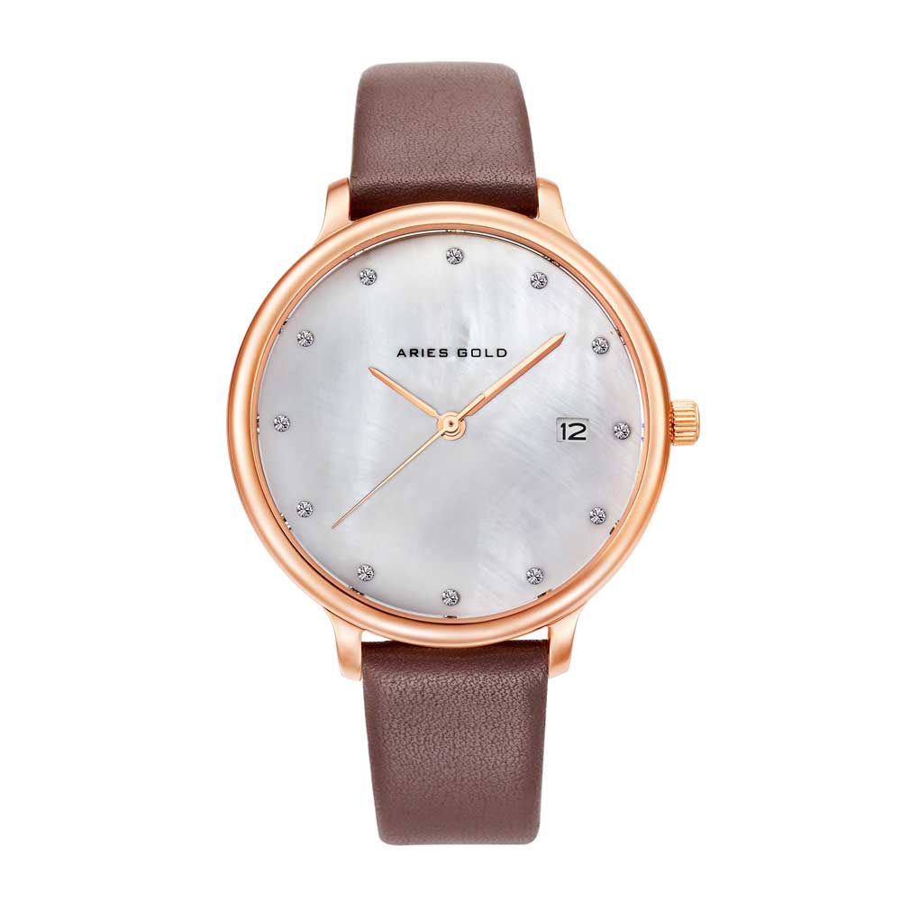 ARIES GOLD ENCHANT FLEUR ROSE GOLD STAINLESS STEEL L 5035 RG-MP LEATHER STRAP WOMEN'S WATCH - H2 Hub Watches