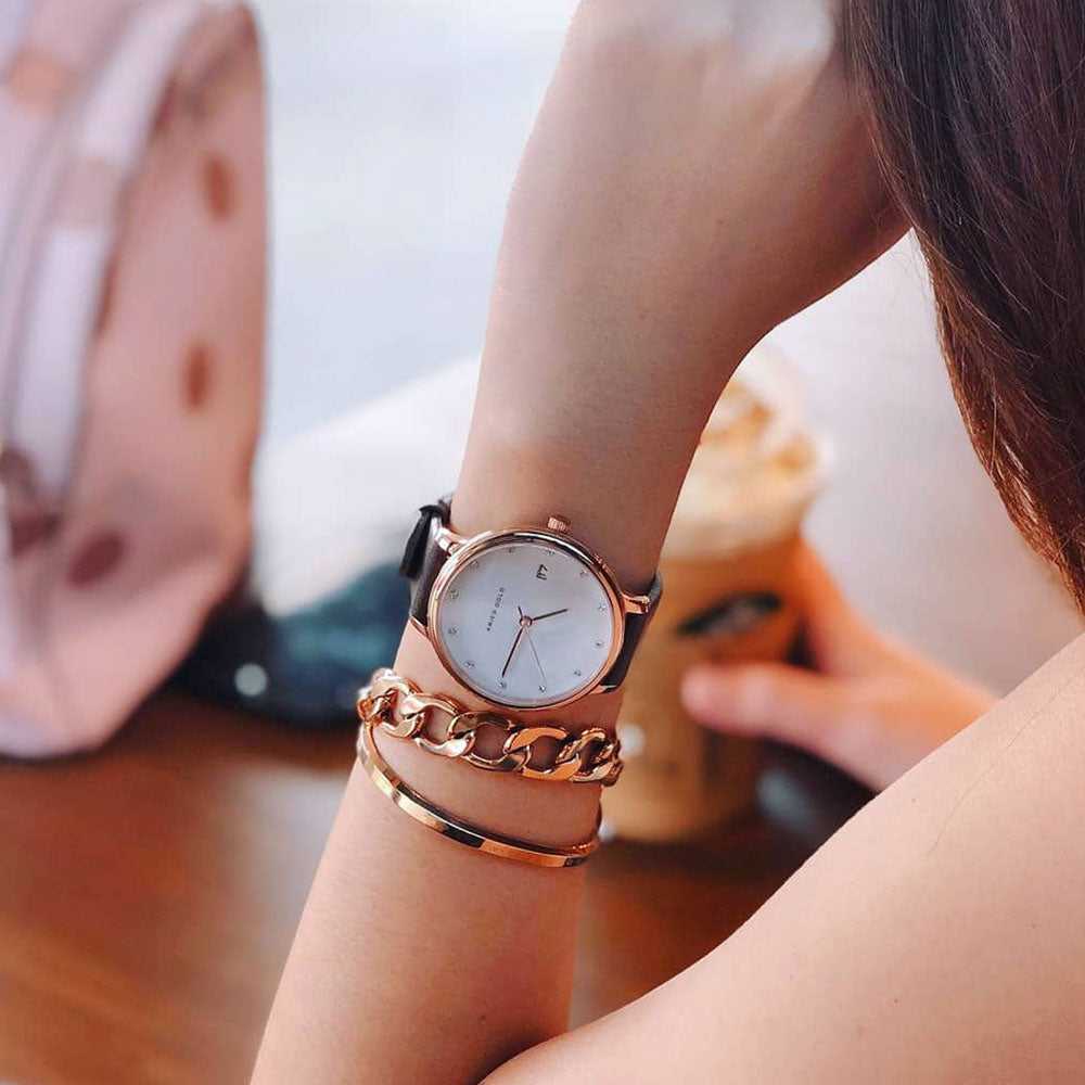ARIES GOLD ENCHANT FLEUR ROSE GOLD STAINLESS STEEL L 5035 RG-MP LEATHER STRAP WOMEN'S WATCH - H2 Hub Watches