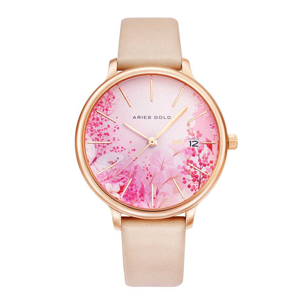 ARIES GOLD ENCHANT FLEUR ROSE GOLD STAINLESS STEEL L 5035 RG-PKFL LEATHER STRAP WOMEN'S WATCH - H2 Hub Watches