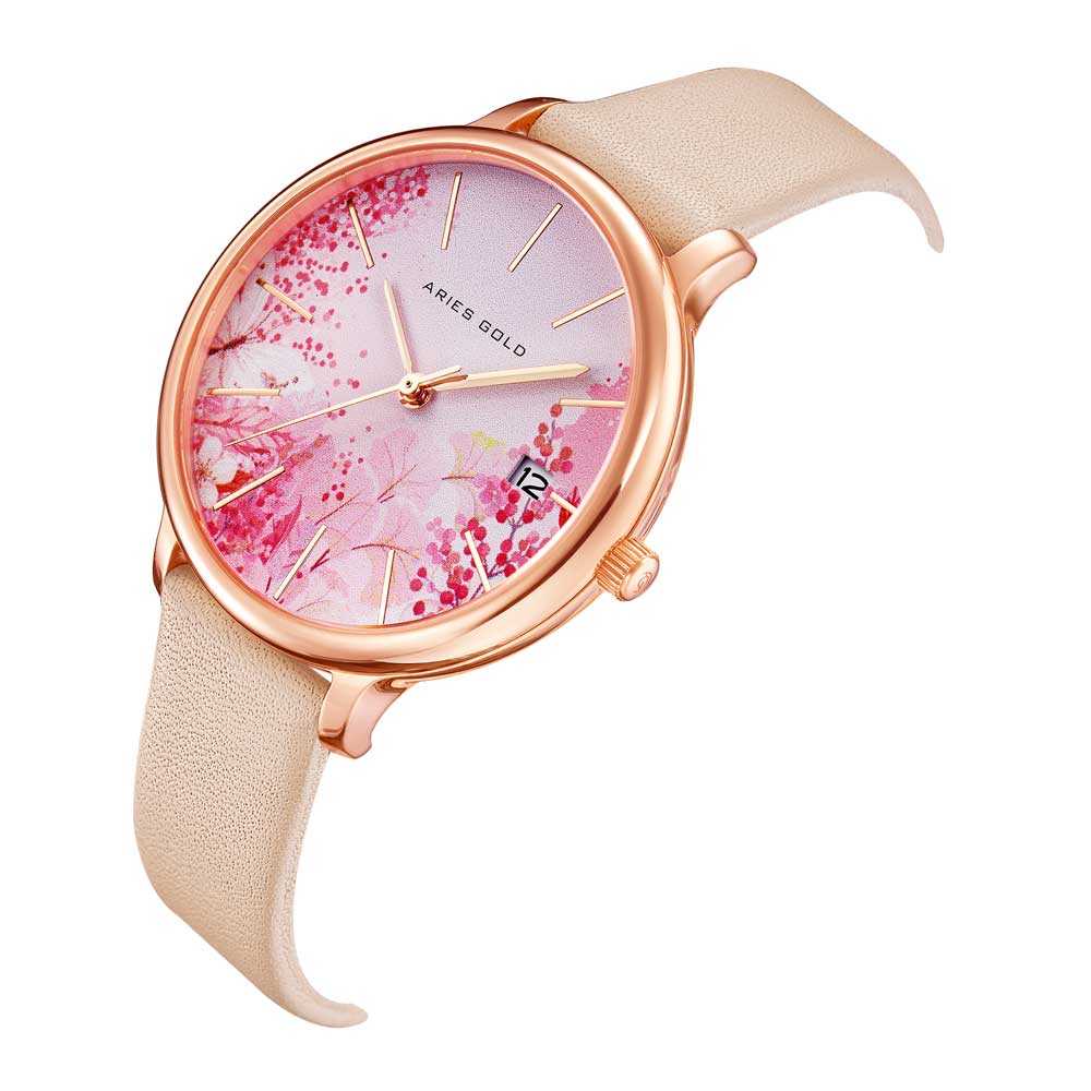 ARIES GOLD ENCHANT FLEUR ROSE GOLD STAINLESS STEEL L 5035 RG-PKFL LEATHER STRAP WOMEN'S WATCH - H2 Hub Watches