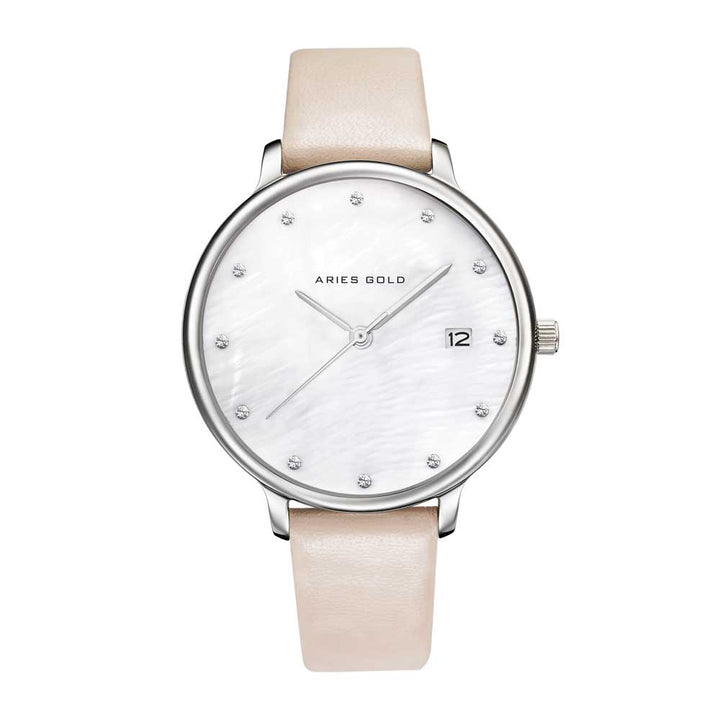 ARIES GOLD ENCHANT FLEUR SILVER STAINLESS STEEL L 5035 S-MP LEATHER STRAP WOMEN'S WATCH - H2 Hub Watches
