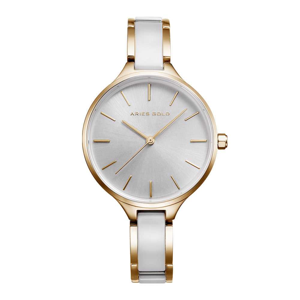 ARIES GOLD ENCHANT GOLD STAINLESS STEEL  L 5036Z G-W WHITE CERAMIC WOMEN'S WATCH - H2 Hub Watches