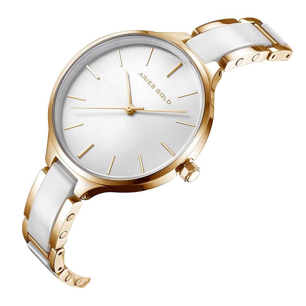 ARIES GOLD ENCHANT GOLD STAINLESS STEEL  L 5036Z G-W WHITE CERAMIC WOMEN'S WATCH - H2 Hub Watches