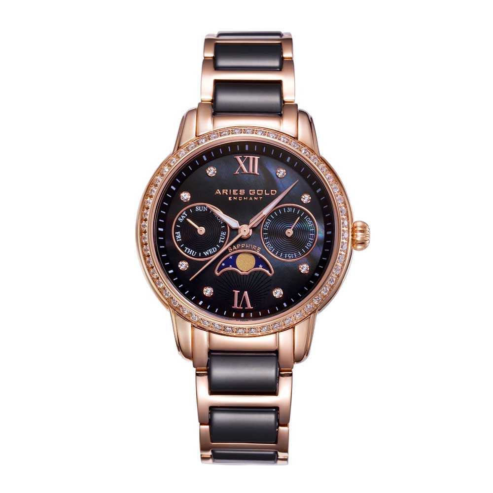 ARIES GOLD ENCHANT LUNA ROSE GOLD STAINLESS STEEL L 58010L RG-BKMP BLACK CERAMIC WOMEN'S WATCH - H2 Hub Watches