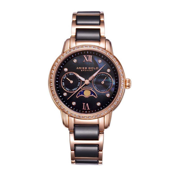 ARIES GOLD ENCHANT LUNA ROSE GOLD STAINLESS STEEL L 58010L RG-BKMP BLACK CERAMIC WOMEN'S WATCH - H2 Hub Watches