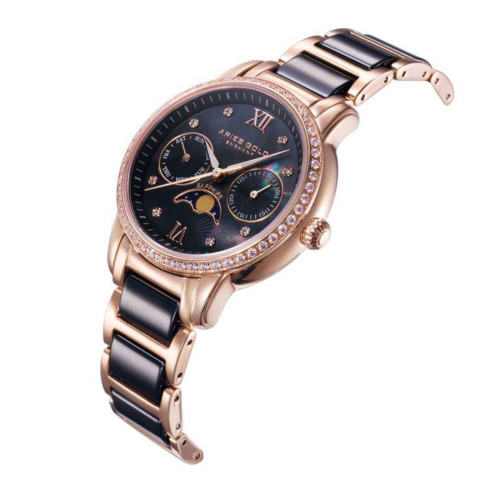 ARIES GOLD ENCHANT LUNA ROSE GOLD STAINLESS STEEL L 58010L RG-BKMP BLACK CERAMIC WOMEN'S WATCH - H2 Hub Watches