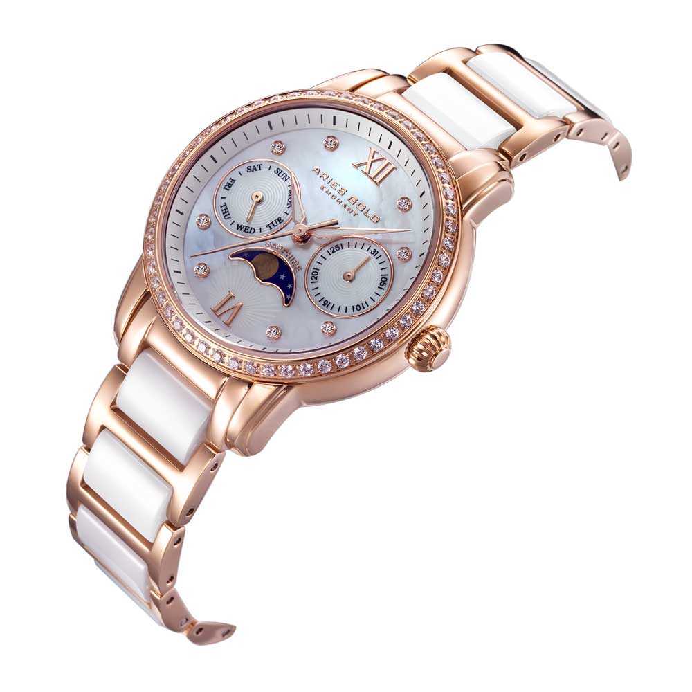 ARIES GOLD ENCHANT LUNA L 58010L RG-MP WHITE CERAMIC WOMEN'S WATCH - H2 Hub Watches