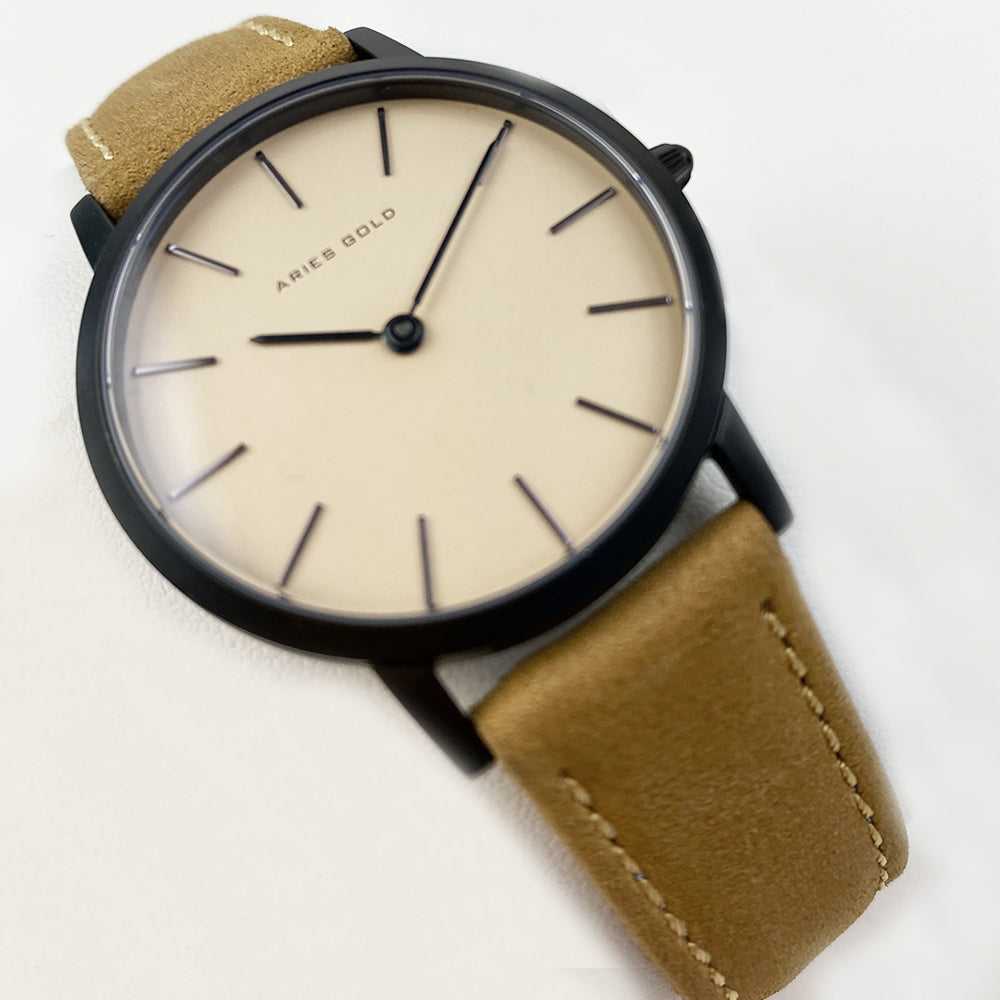 ARIES GOLD URBAN SANTOS BLACK STAINLESS STEEL L 1023 BK-BEI BROWN LEATHER STRAP WOMEN'S WATCH - H2 Hub Watches