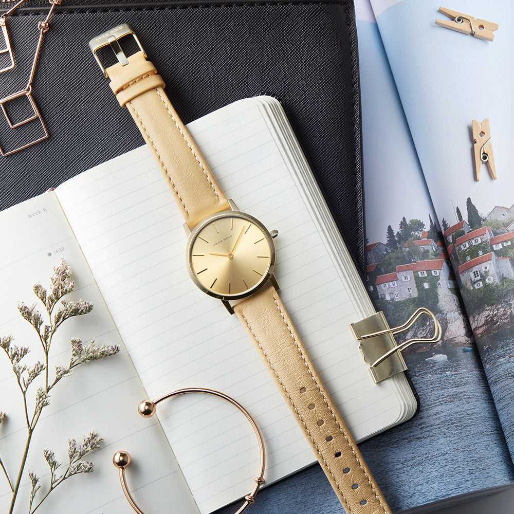 ARIES GOLD URBAN SANTOS GOLD STAINLESS STEEL L 1023 G-G LEATHER STRAP WOMEN'S WATCH - H2 Hub Watches