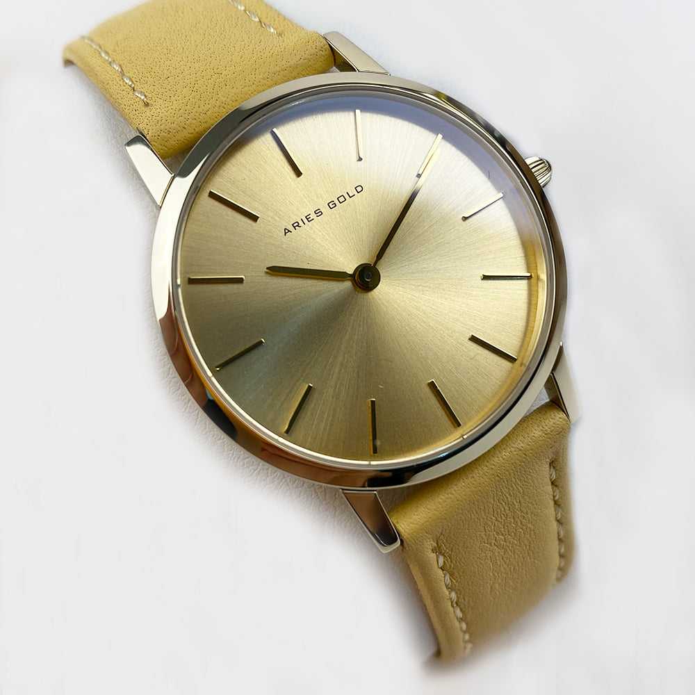 ARIES GOLD URBAN SANTOS GOLD STAINLESS STEEL L 1023 G-G LEATHER STRAP WOMEN'S WATCH - H2 Hub Watches