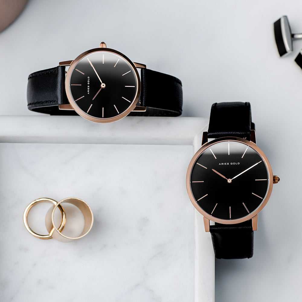 ARIES GOLD URBAN SANTOS ROSE GOLD STAINLESS STEEL L 1023 RG-BK BLACK LEATHER STRAP WOMEN'S WATCH - H2 Hub Watches