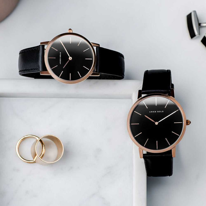 ARIES GOLD URBAN SANTOS ROSE GOLD STAINLESS STEEL L 1023 RG-BK BLACK LEATHER STRAP WOMEN'S WATCH - H2 Hub Watches
