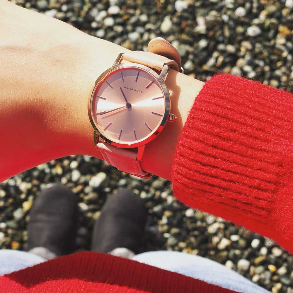 ARIES GOLD URBAN SANTOS L 1023 RG-RG PINK LEATHER STRAP WOMEN'S WATCH - H2 Hub Watches