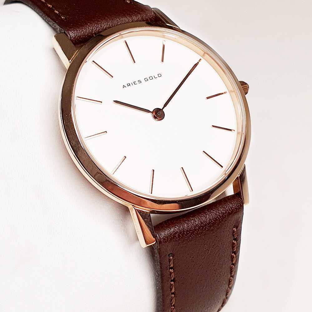 ARIES GOLD URBAN SANTOS ROSE GOLD STAINLESS STEEL L 1023 RG-W BROWN LEATHER STRAP WOMEN'S WATCH - H2 Hub Watches